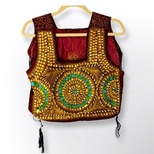 Red Velvet and metallic embroidered bodice, side tie, Folk handmade - Festival